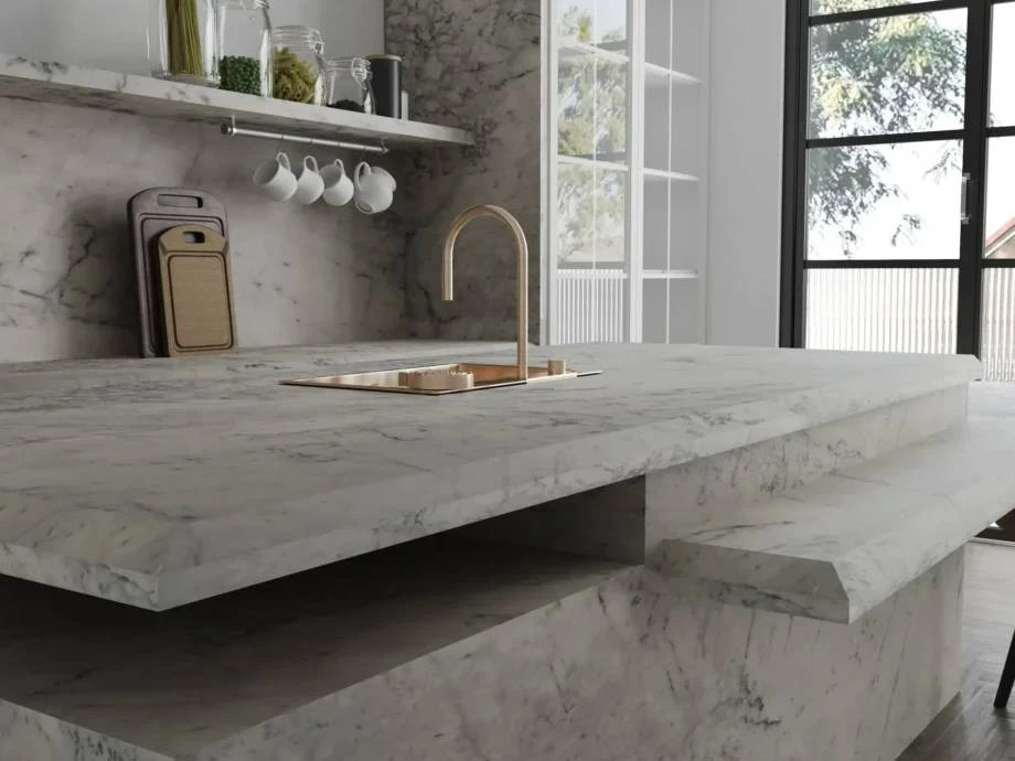 Light quartz island with thick finished edge detail Light quartz island with thick finished edge detail