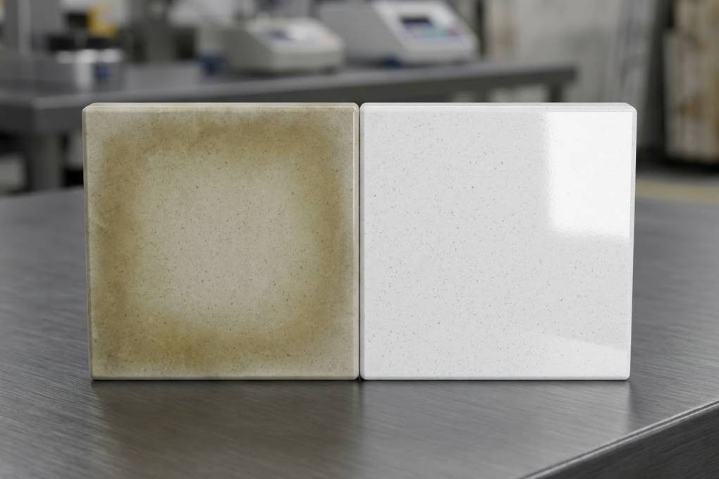 Chemical comparison of white quartz yellowing vs UV resistant quartz under sunlight Chemical comparison of white quartz yellowing vs UV resistant quartz under sunlight